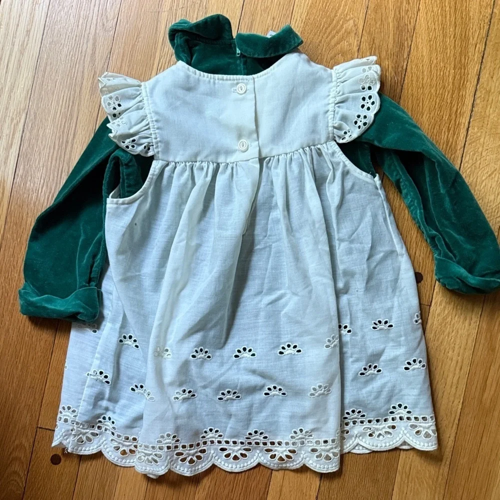 Vintage Harold Square by Kathy Schuster Green Velvet Eyelet Pinafore Dress 4T